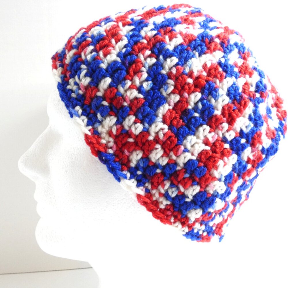 Red White Blue Skull Cap OS Handmade Crochet Hand Knit 4th of July Patriotic NWT